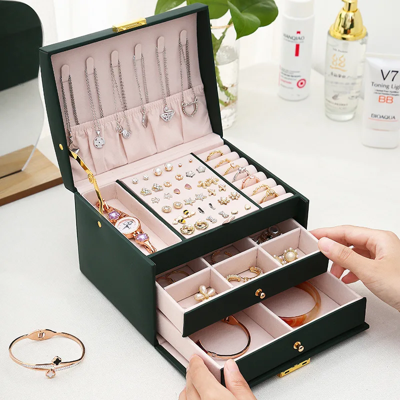 

Multi-functional Three-layer Leather Drawer-style Jewelry Box Jewelry Organizer Necklace Earring Ring Storage Box for Women