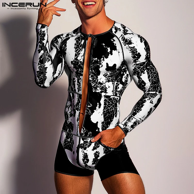 INCERUN American Style Bodysuits Sexy Stylish Men Printed Long Sleeved Jumpsuits Male Hot Sale Cropped Long Sleeved Rompers