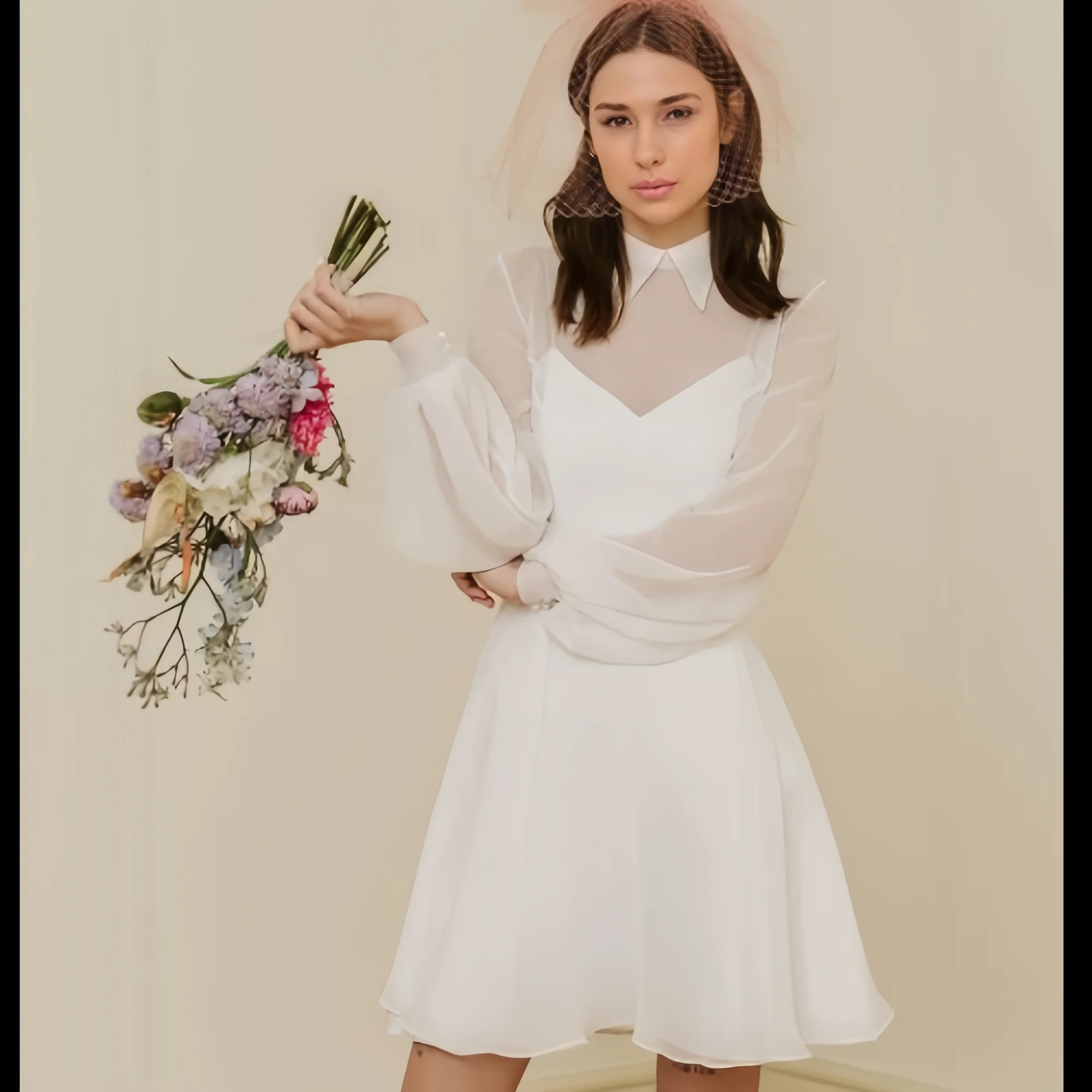 

High Neck Wedding Dress for Women White A Line Long Sleeves Party Vestido De Noiva Button Short Bridal Gowns
