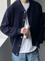 Japanese Sle Pure Color Button Cardigan Men's Knitted Sweater Autumn Winter Trendy Collar Stand up Slim Fit Sweater Jaet