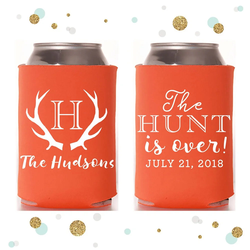 

The Hunt is Over - Wedding Can Cooler #111R - Custom - Wedding Favors, Beverage Insulators, Beer Huggers