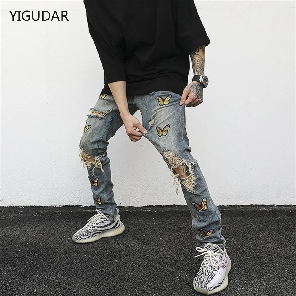 2022 Butterfly print Jeans for Men Pants Loose Baggy Jeans Casual Pants