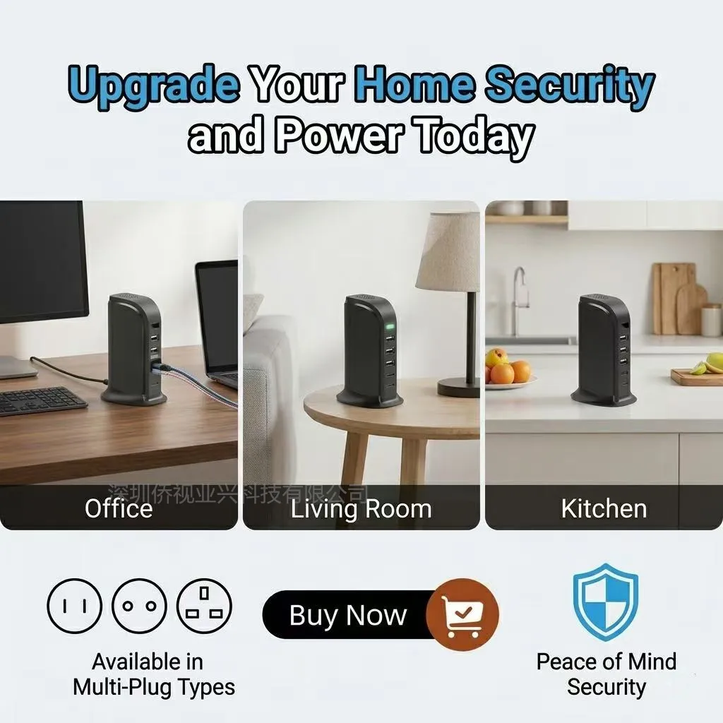 5-Port USB Desktop Charging Station with WiFi Security Monitor, Multi-Device Power Hub, HD 1080P Smart Home Camera & App Remote 6