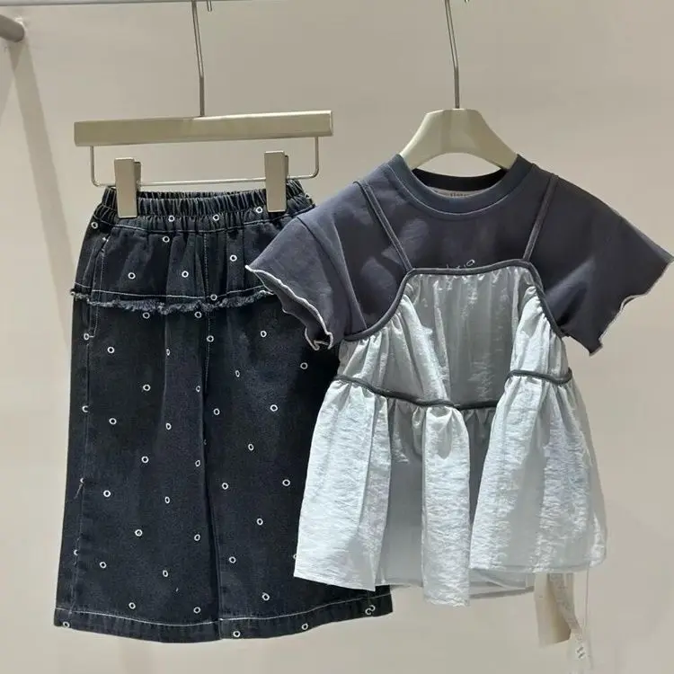 Girls' summer outfit set short sleeved camisole skirt jeans three piece set for children kids denim jeans
