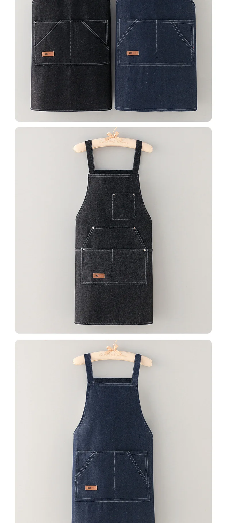 Vielseitige Jeansschürze zum Kochen zu Hause, ölfleckenbeständig, individuelle Logo-Option, atmungsaktives Material, Unisex-Stil mit Gürteltaschen – Detail 6