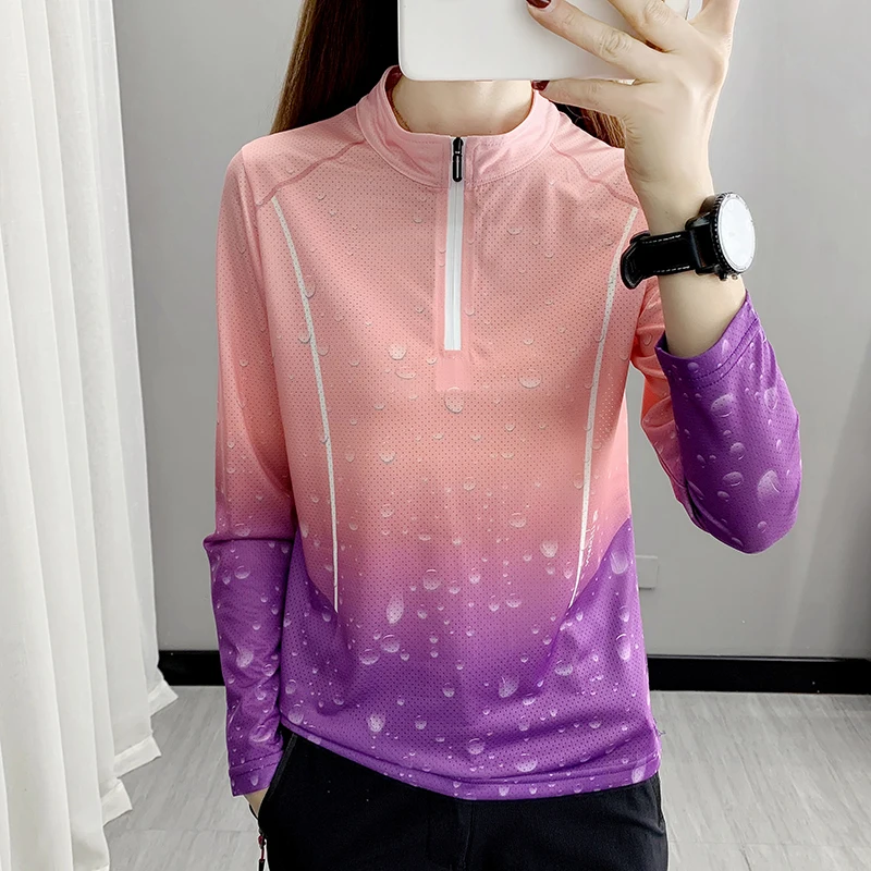 Outdoor Quick-drying Clothes Women's Long-sleeved Stand-up Collar Loose Ice Silk T-shirt Sports Leisure Hiking Sunscreen Camping