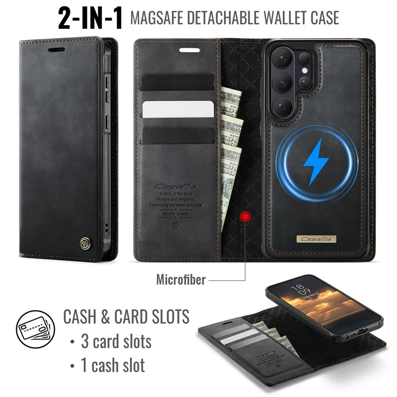 Magnetic Leather Flip Wallet Phone Case with Wireless Charging Compatibility