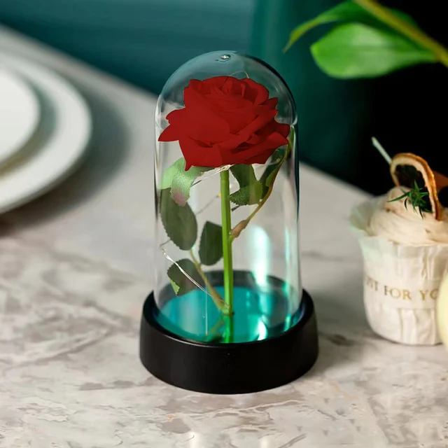 Beauty and the Beast Eternal Rose with LED Lights – Artificial Silk Rose in Glass Dome 6
