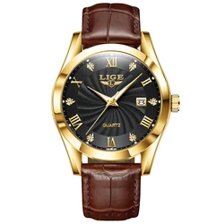 LIGE Luxury Women's Waterproof Leather Strap Fashion Watch (Gold black)