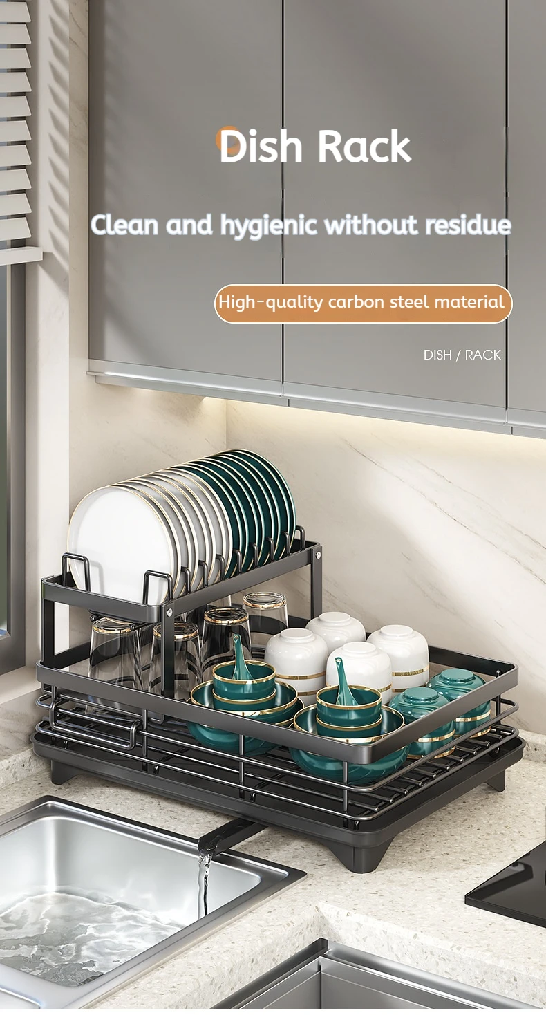Adjustable Stainless Steel Dish Drying Rack with Drainboard - Over Sink Plate Organizer