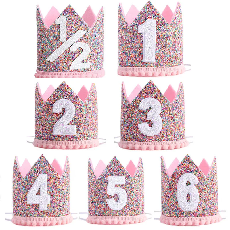 Baby Pink 1St Birthday Crown Half Two Party Paillettes Hat Headband 3Rd 4Th 5Th 6Th Number Crown Caps For Kids Birthday Decoration