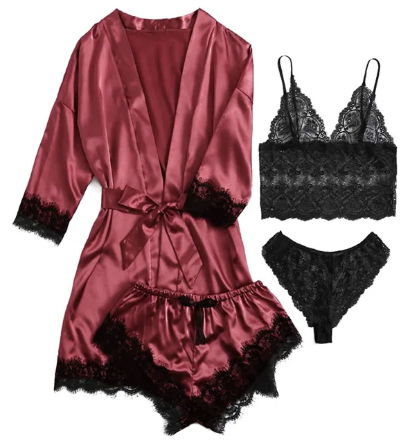 Ensemble pyjama en satin 4 pièces avec robe – Haut de pyjama à bretelles et short avec bordure en dentelle, le pyjama élégant incontournable pour femme