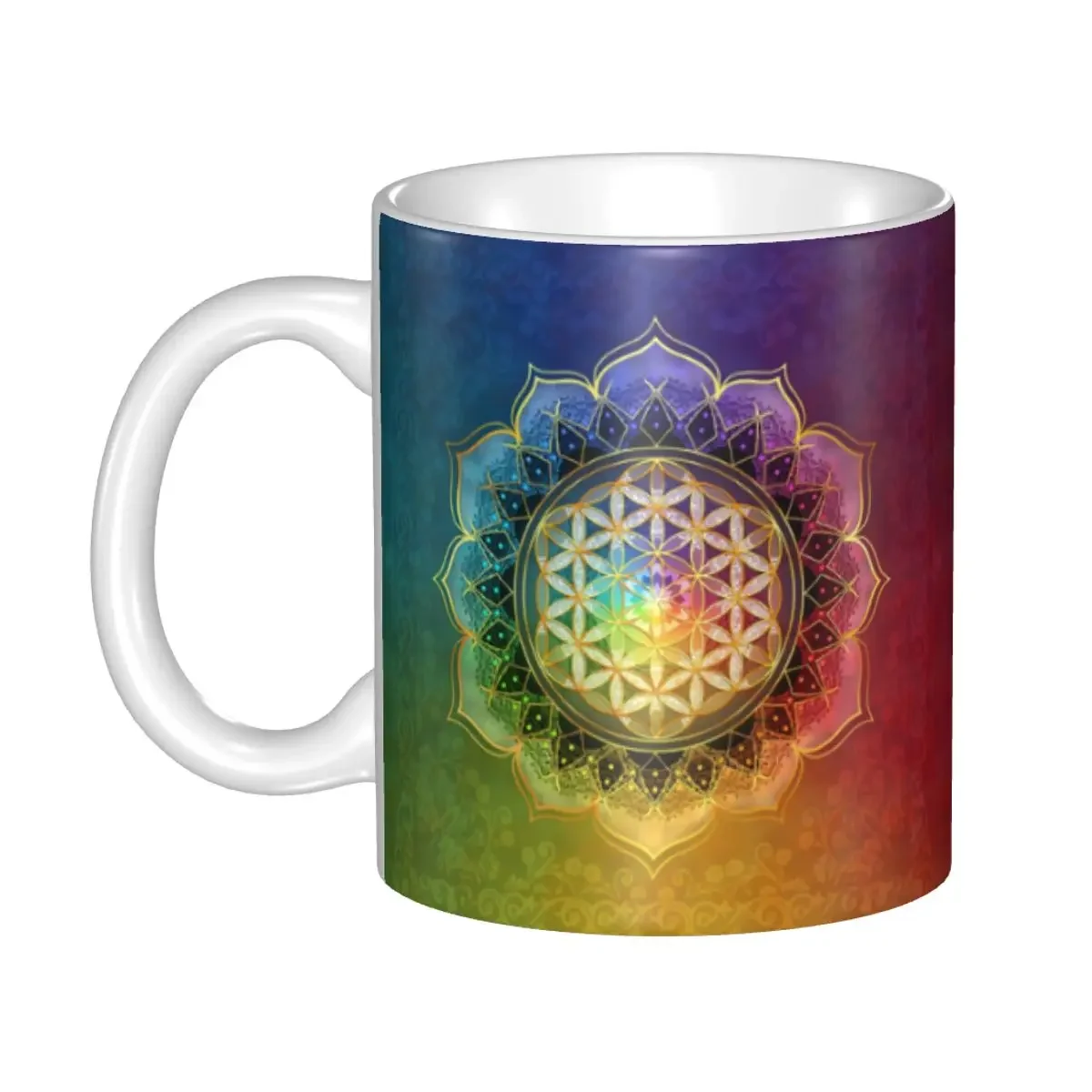 

Rainbow Flower Of Life With Lotus Mugs Custom Geometry Mandala Coffee Ceramic Mug Creative Present