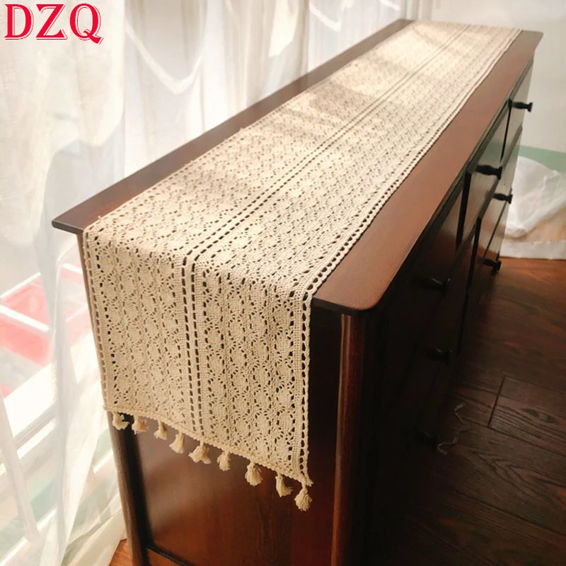

Bohemian Beige Woven Hollow Crocheted Table Runner Living Room TV Cabinet Geometry Tablecloth Handmade Cotton Tablecloth #Q005