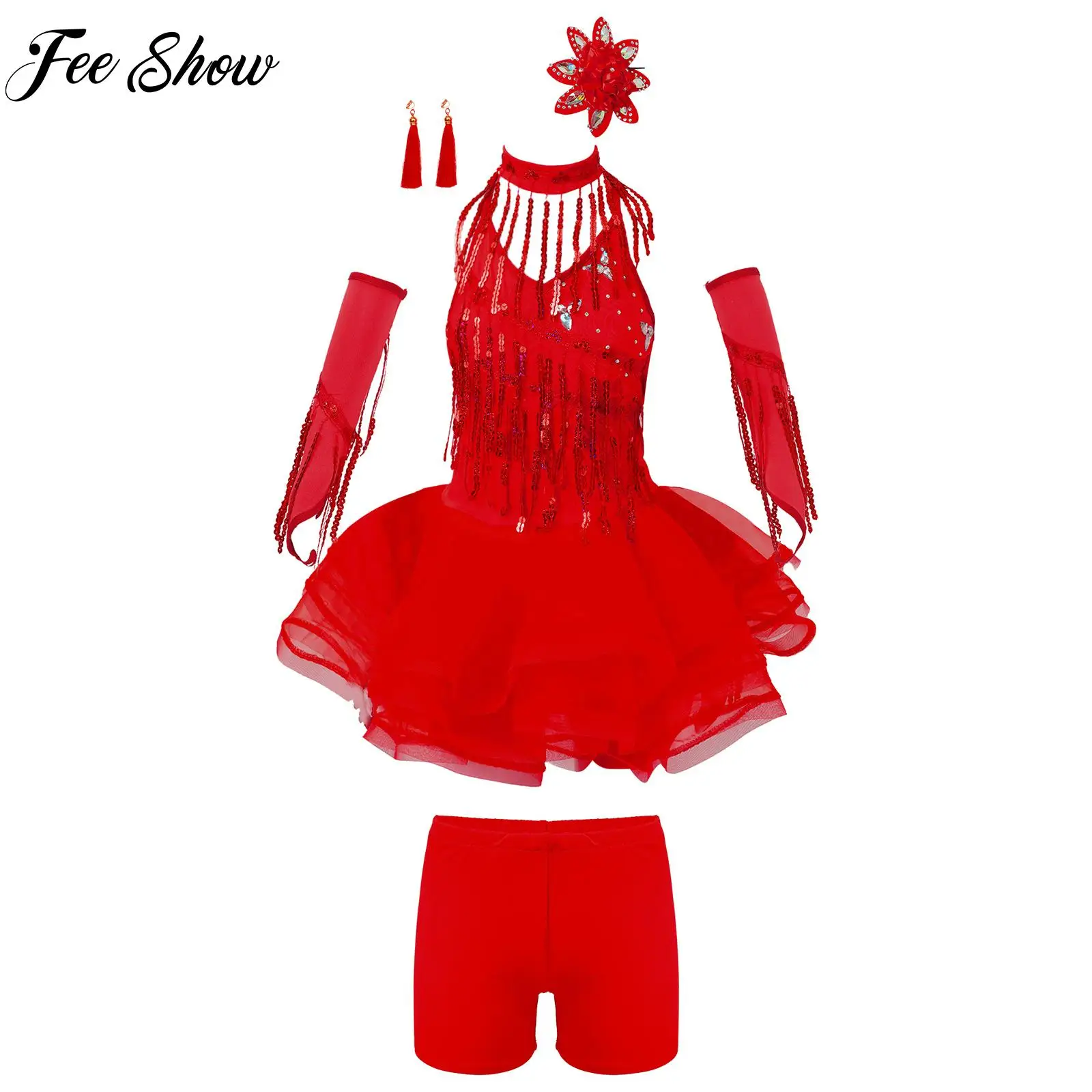 

Kids Girls Latin Dance Performance Outfit Sequin Crisscross Tutu Dress Shorts Gloves Neck Ring Ear Clips Flower Headwear