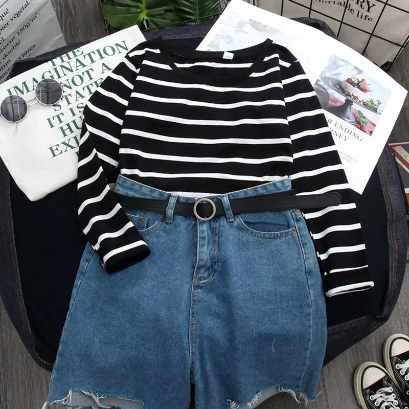 Spring T-Shirt Women Korean Clothes White Long Sleeve Hot Sale Casual Striped Harajuku Regular Ulzzang Students Ins Mature 4