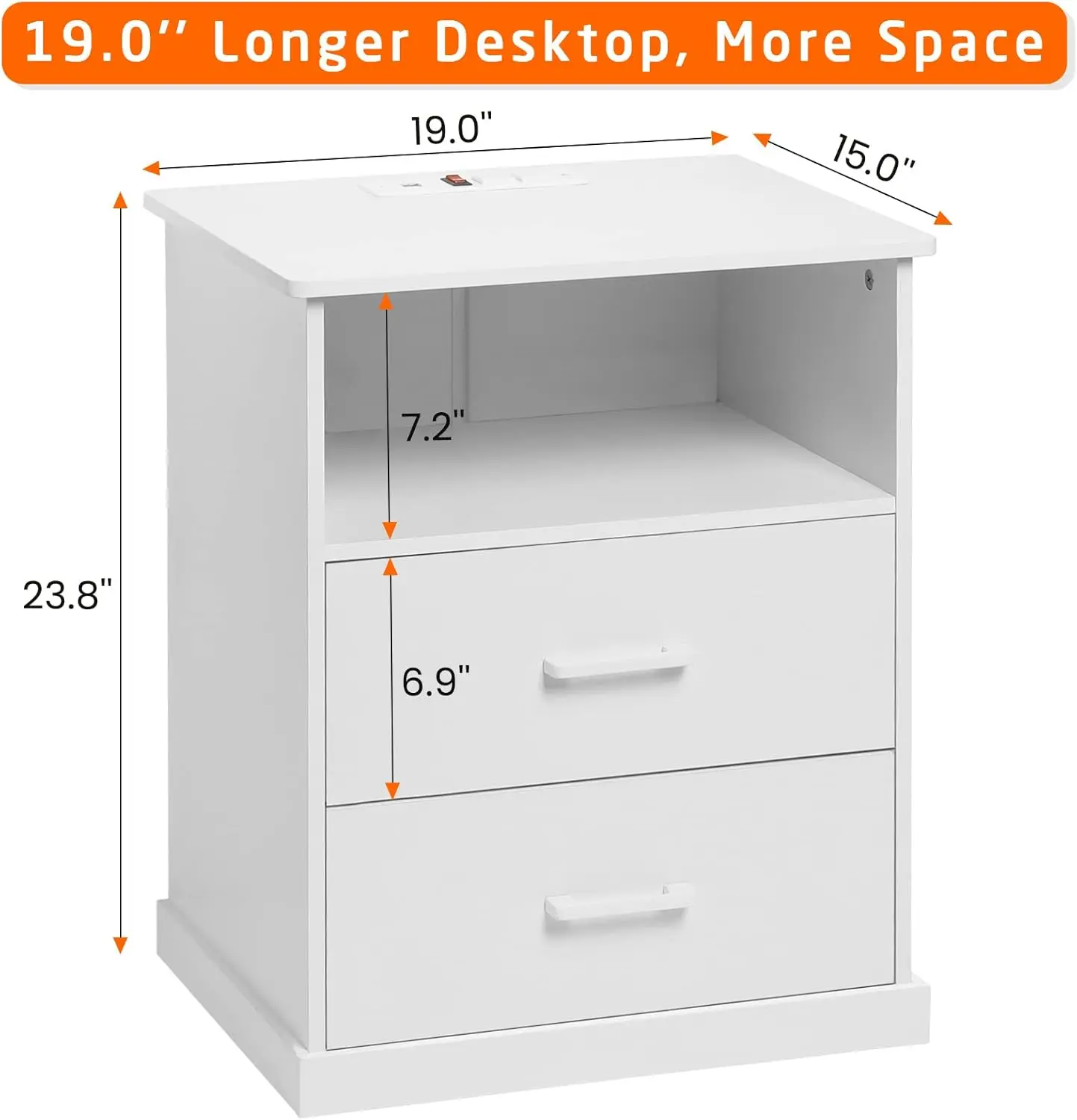 Night Stand with Charging Station, Large Nightstand with Storage Drawers and Open , White Bedside Side End Table for