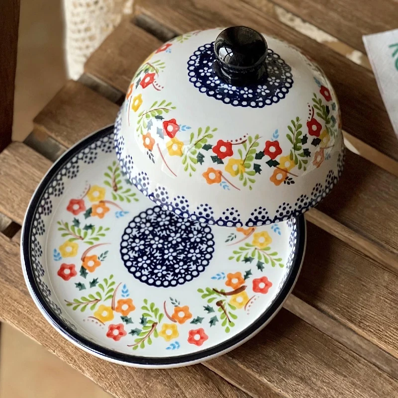 

5.5 Inch Hand Painted Butter Dish Box Container Cheese Server Storage Keeper Tray with Lid Kitchen Dinnerware