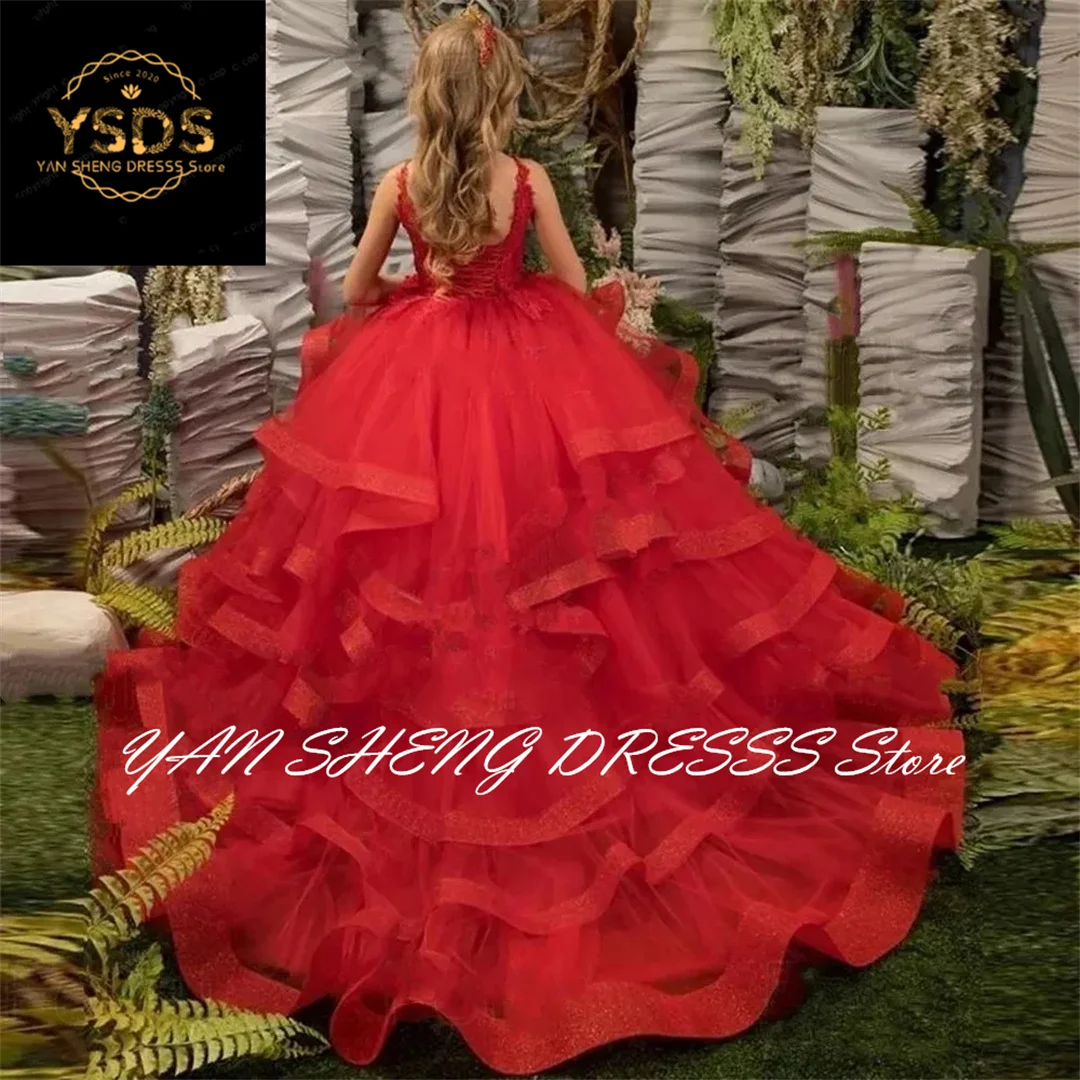 

Red Ruffles Flower Girl Dresses Thin Shoulder Straps Tiered Appliques Sleeveless V-neck Communion Birthday Wedding Customised