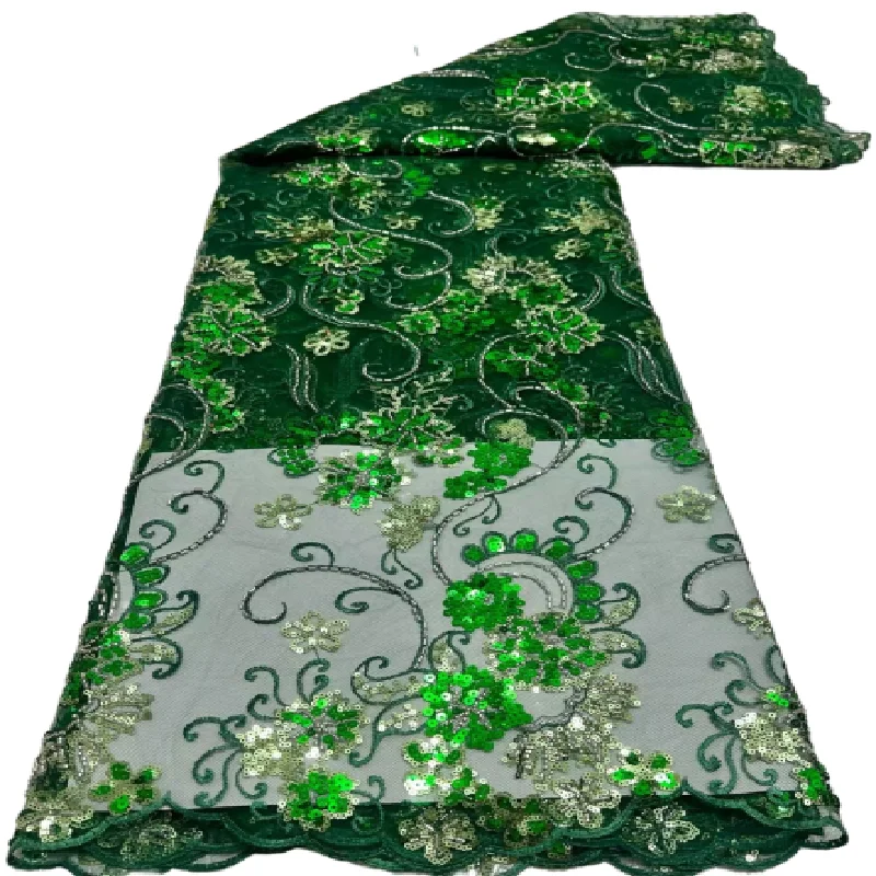 

Latest African Green White Lace Fabric With Sequins Embroidery High Quality 2022 Nigerian Lace Fabric For Women Party Dress Sew