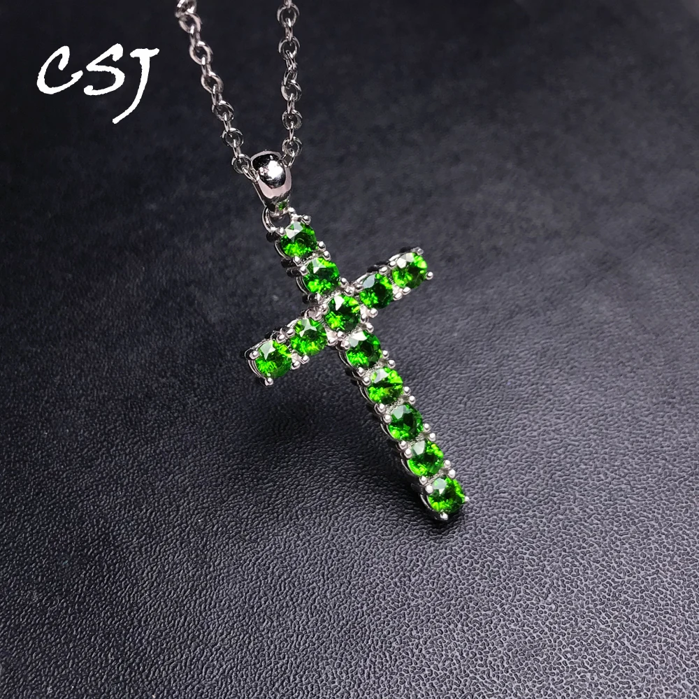 

CSJ Genuine Natural Chrome Diopside Cross Pendant Sterling 925 Silver Necklace Gemstone 3mm for Women Wedding Party Jewelry Gift