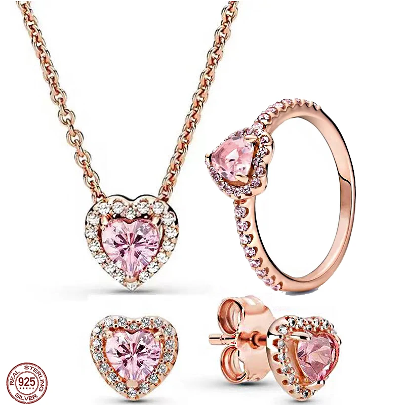 

925 Sterling Silver Rose Gold Pink Crystal Heart Ring Earrings Necklace Fit Design Charm Bracelet Jewelry Set Engagement Gift