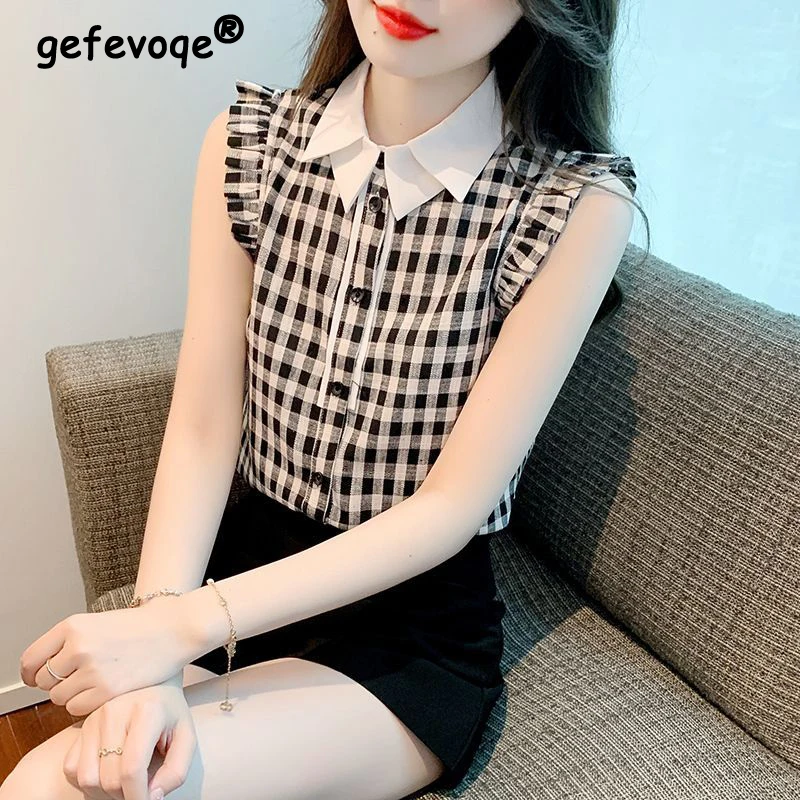 Abbigliamento donna Ruffle Classic Plaid Print Chic elegante camicia abbottonata estate Trendy