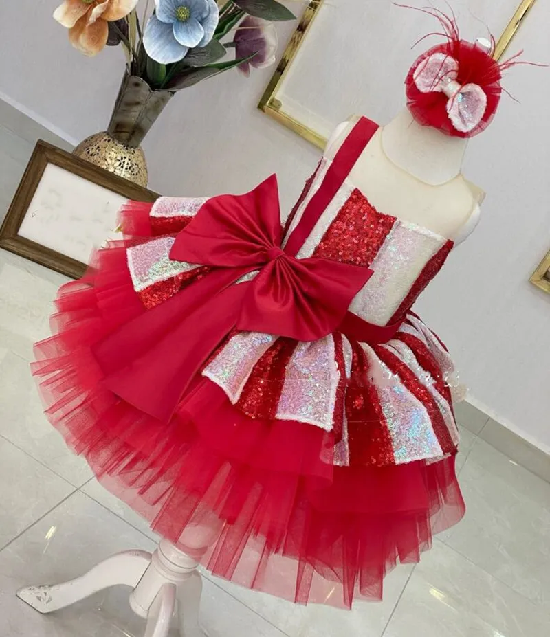 

Red Tutu Baby Girl Dress for Christmas New Year Glitter Sequined Toddler First Birthday Dress Flower Girl Dress