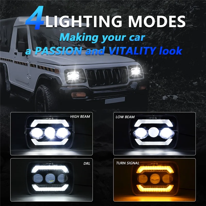 일반 5X7 LED 헤드라이트, 180W 7X6 헤드라이트 부품 키트 (노란색 방향지시등, 흰색 DRL 포함) YJ XJ 트럭 H6054 H5054 H6054LL 용
