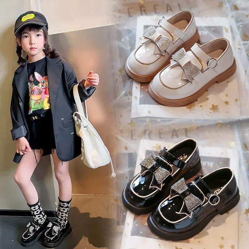 Kids Performance Flat Shoes 2024 Brand New Princess Shoes with Crystal Bow for Party Girls British Style Leather Shoes Versatile 3