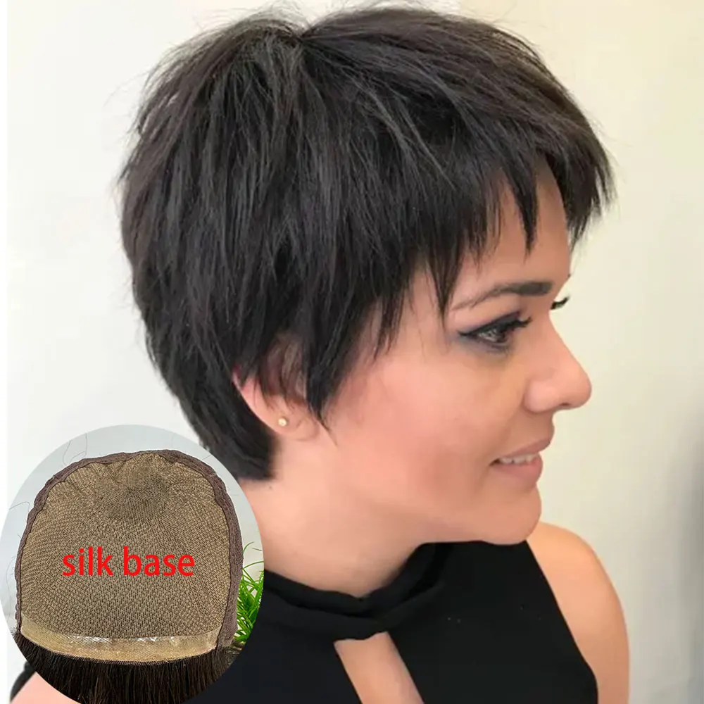 Pixie Cut Wig Human Hair Silk Base 5x5inch Short Human Hair Wigs for Black Women Natural Black Short 3-4inch Cut Wigs