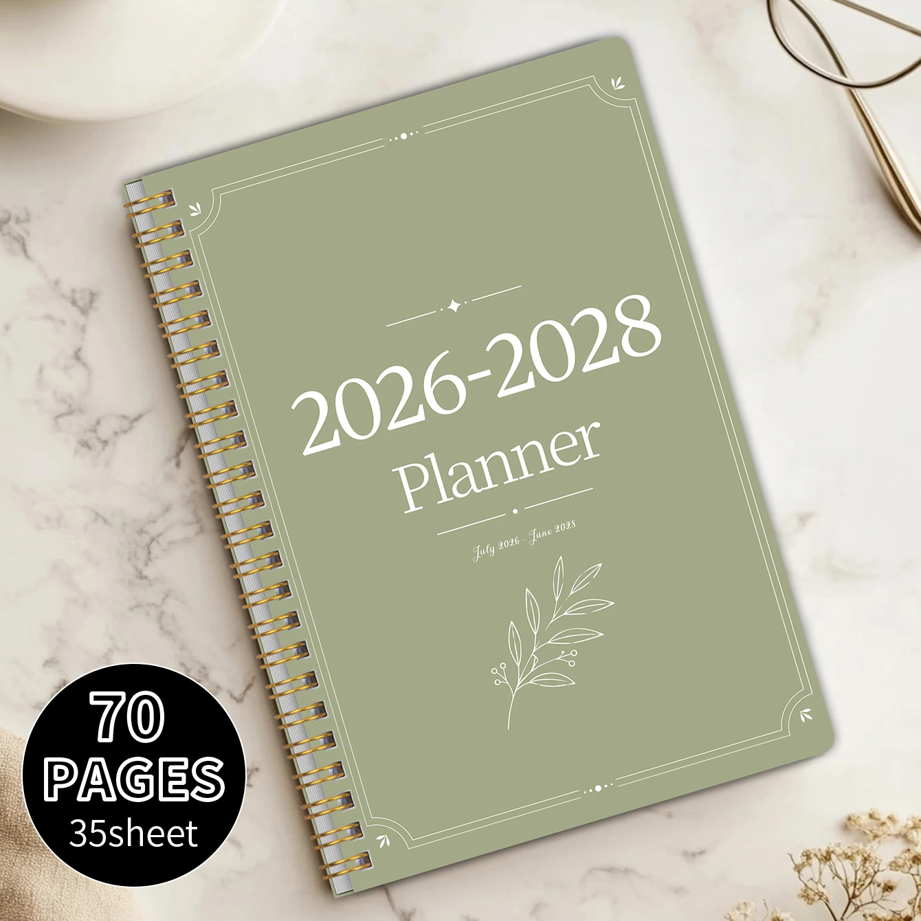 2026-2028 월간 플래너, 세이지 그린 미니멀리스트 보태니컬 스파이럴 캘린더 노트, PP 커버, 100GSM 용지, 미니 캘린더