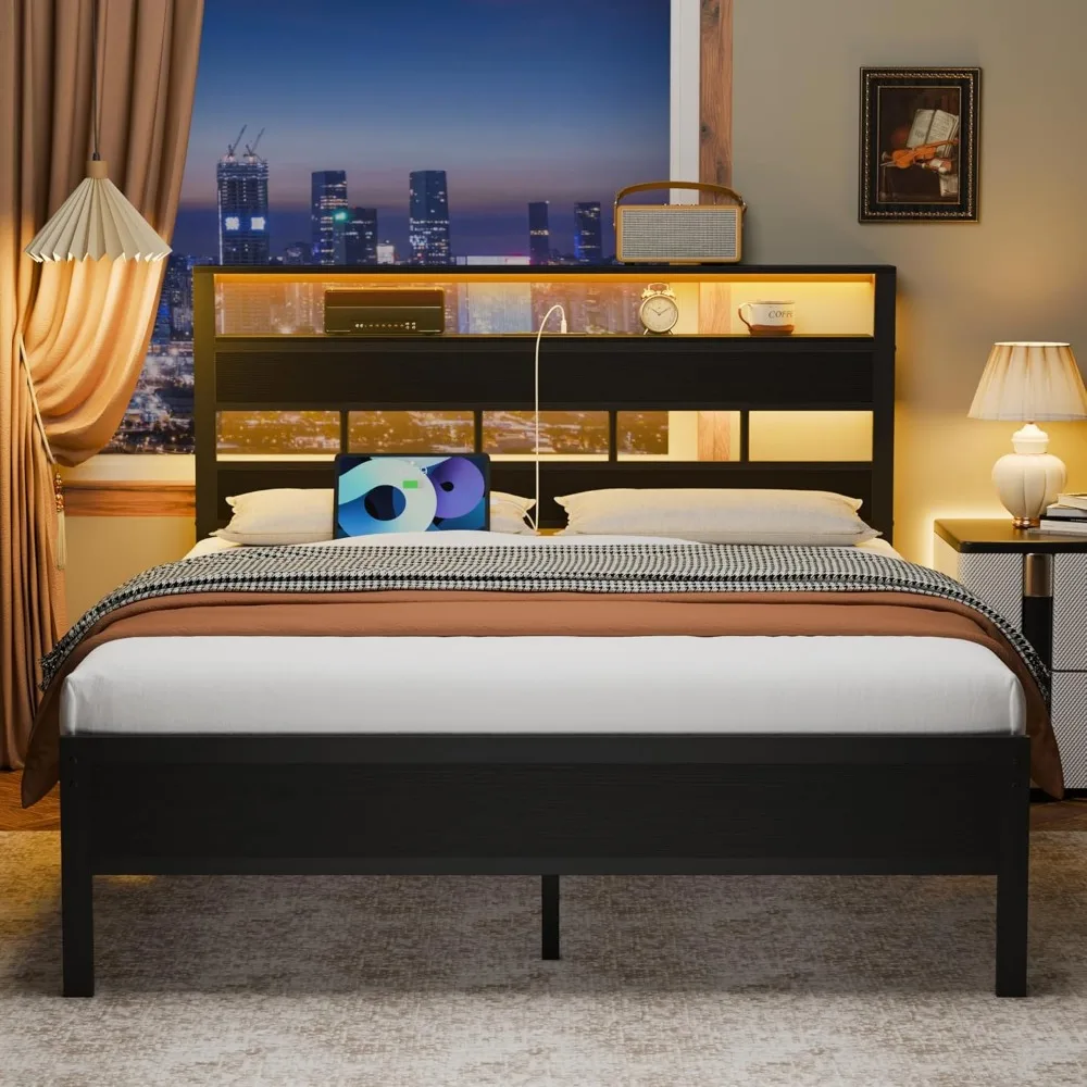 Bed Frame with LED Light and Charging Station, Wood Storage Headboard with 2-Tier Shelves, Metal Platform Bed 4