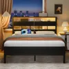Bed Frame with LED Light and Charging Station, Wood Storage Headboard with 2-Tier Shelves, Metal Platform Bed 4