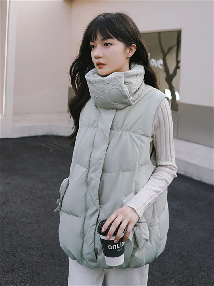 

2022 Winter White Duck Down Jacket Vest Fashion Korean Style Elegant Loose Casual Thick Wearm Sleeveless Coat Parkas Women M24