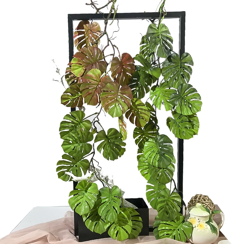 Artificial Monstera Leaf Green Plants Rattan Fake Wall Hanging Vine Plastic Leaves Home Garden