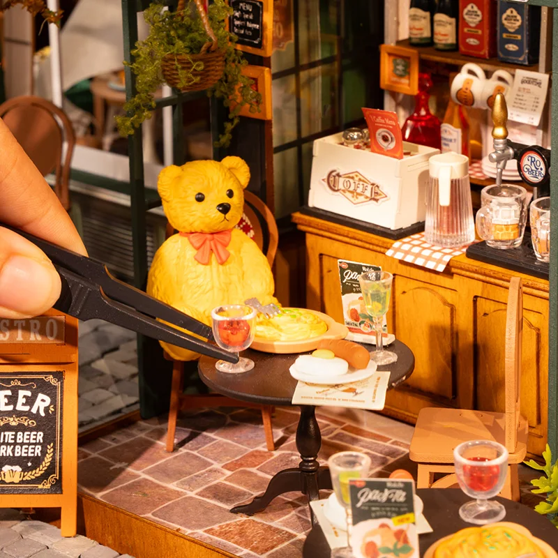 Robotime Rolife Tipsy Restaurant Miniature Dollhouse 3D Wooden Puzzle Bistro Bar Design Gifts for Family Home Decoration Toys 4