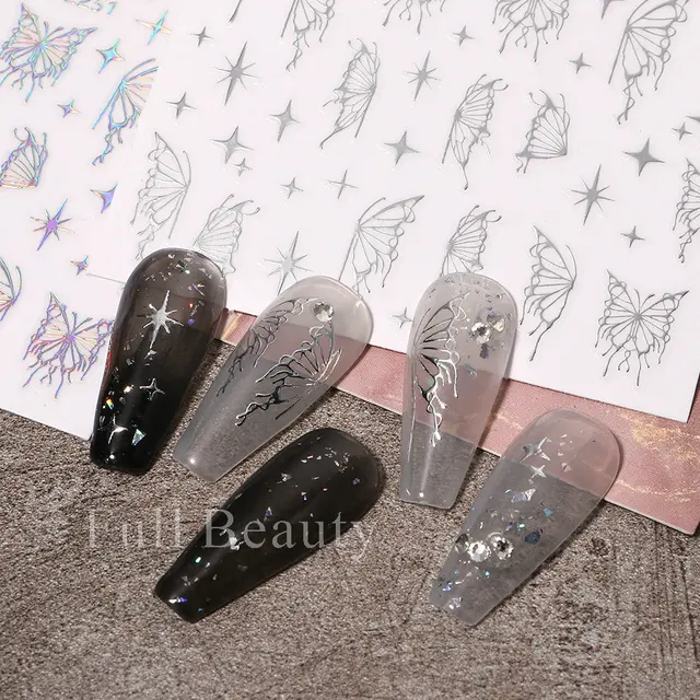 Nail York Silver Metal Mirror Butterfly Stickers with Holographic Butterflies and Star Designs | Adhesive Slider Wraps Gel Polish Decals for Nail Salons Supplies - Image 4