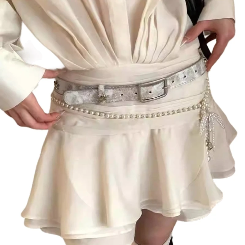 

Teens Women PU Belt with Bowknot Rivet Wear Resistant Belt for Coat Skirt Decors HXBA