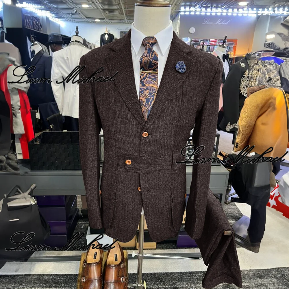 Men's Vintage Suit 2 Piece Herringbone Jacket Pants Formal Office Workwear Wool Party Dress Groom's Tuxedo