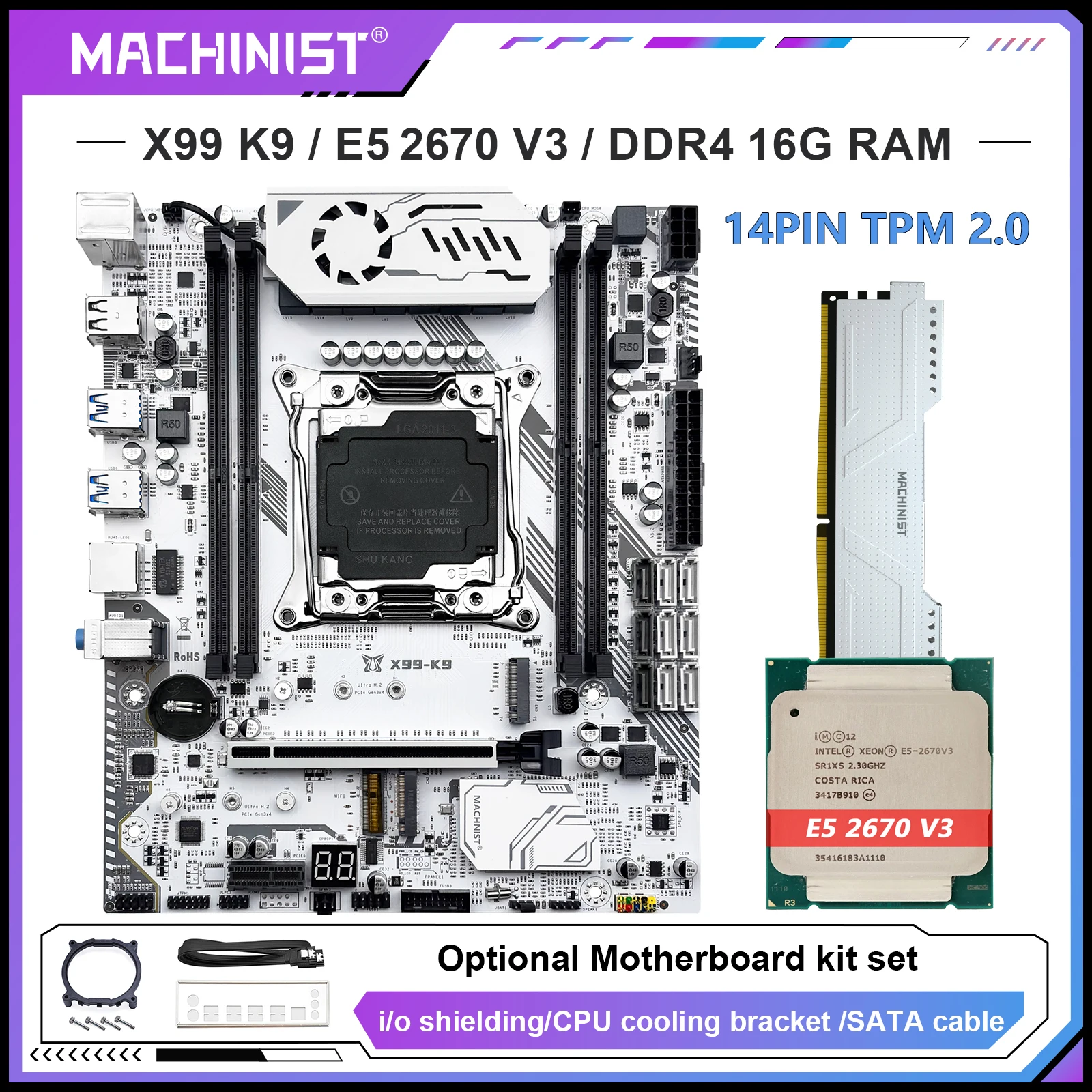 MACHINIST X99 K9 Motherboard Optional LGA 2011-3 Xeon E5 2670 V3 Processor CPU And 16GB DDR4 ECC RAM Kit with TPM2.0 Interface