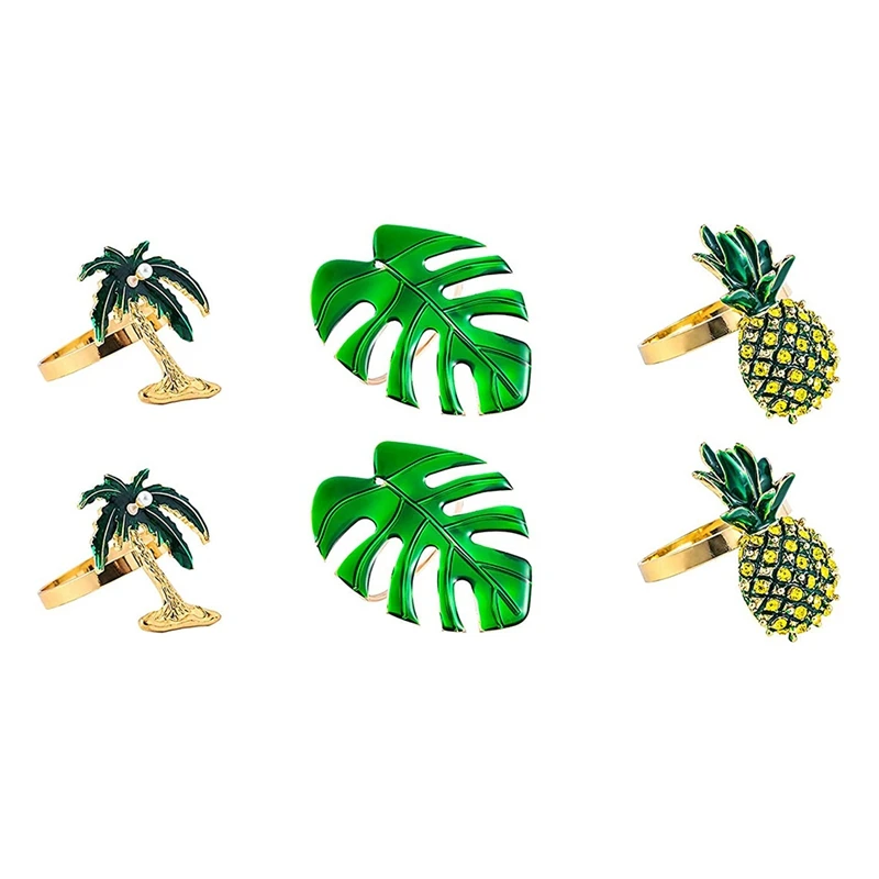 Green Gold Graduation Napkin Rings, Hawaiian Summer BBQ Napkin Rings, Pineapple Napkin Rings, 2 Turtle Leaf Napkin Rings