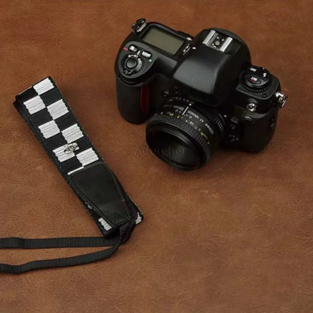 빈티지 흑백 체크무늬 카메라 스트랩, 조절 가능한 직조형 넥 벨트, DSLR/미러리스 카메라 호환