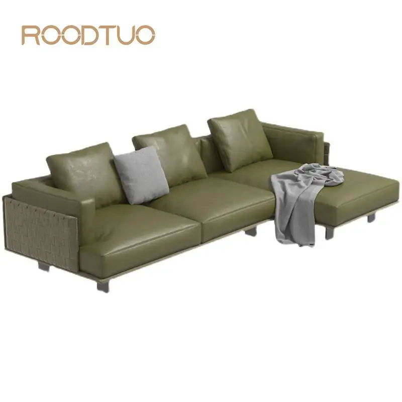 

Italian First Layer Genuine Leather Sofa Living Room Size Apartment Minimalist High-end Retro Green Leather 3 Seat Couch