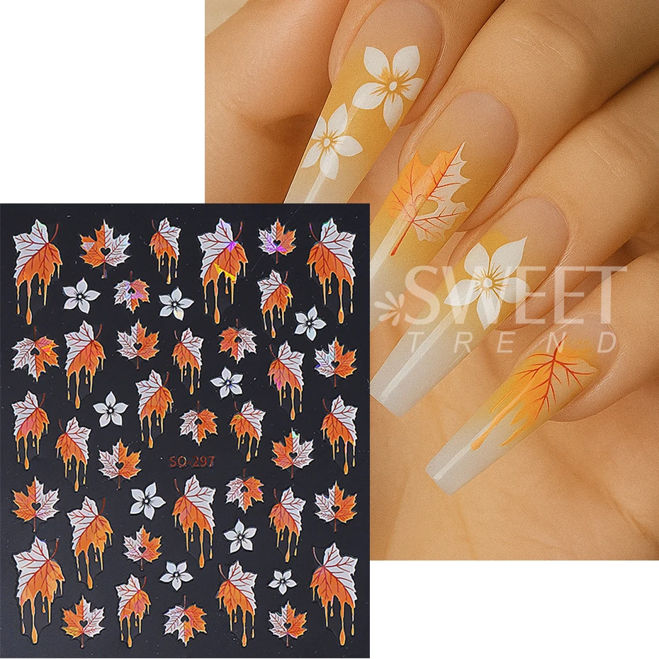 2pcs Autumn Winter Maple Leaf Nail Stickers 3D Gradient Fallen Leaves Petals Design Self-Adhesive Nail Decal Manicure Decoration