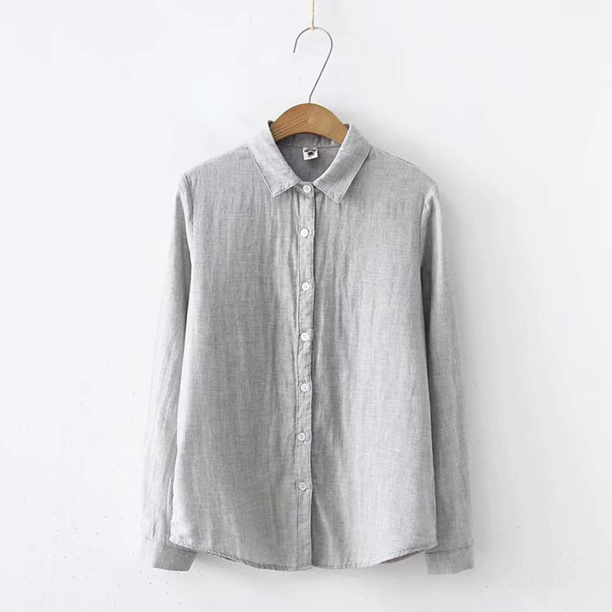 New Spring Women Double-layer Cotton Shirts Full Sleeve Pointed Collar Loose Solid Casual Soft Blouse Office Lady Work T34407X