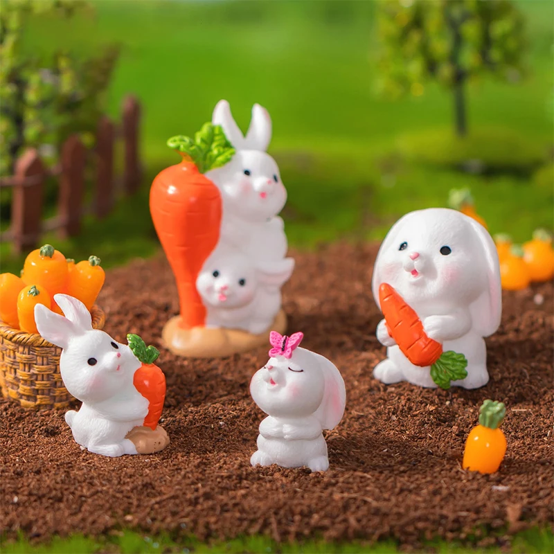 

White Rabbit Carrot Figurine Micro Landscape Crafts Miniature Fairy Garden Accessories Modern Figure Christmas Home Decoration