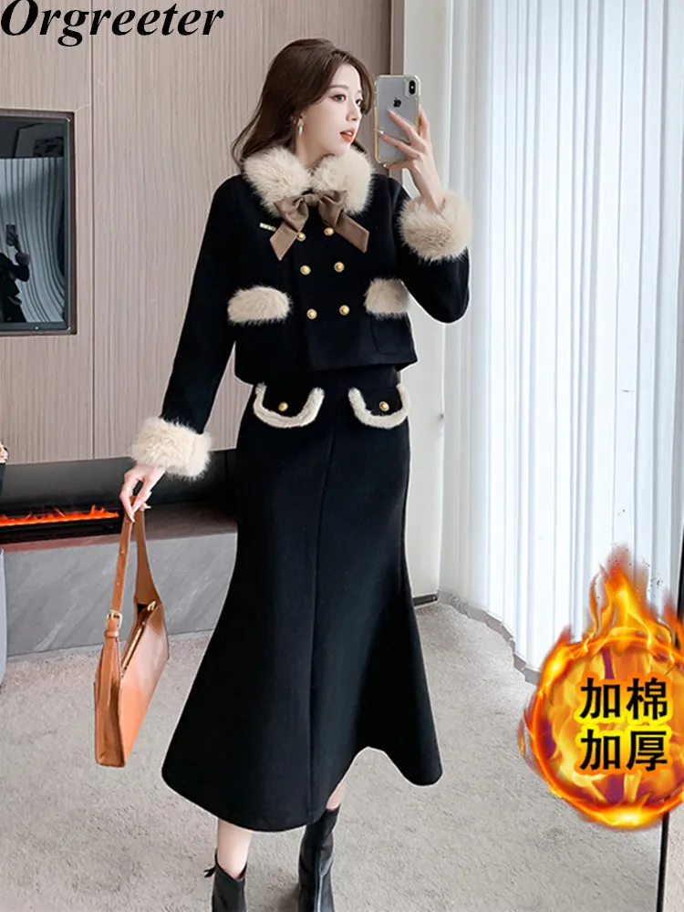 High Quality Cute Woolen Two Piece Set Women Winter Warm Plus Cotton  Thicken Jacket Coat + Mermaid Skirt Suits 2 Piece Outfits