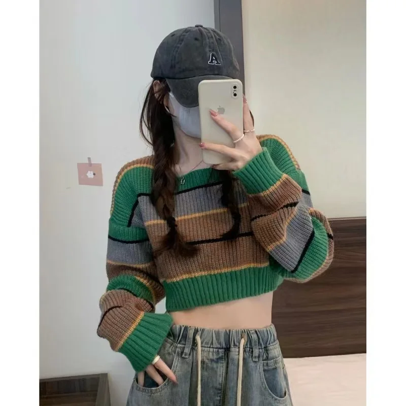 

2023 Autumn Short Lazy Style Color-matching Pulls Striped Casual Sweater Long-sleeved Loose Knitted Cropped Top Korean Fashion