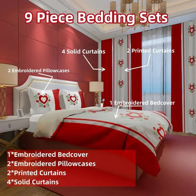 Description Picture 2 of item9 Pcs Comforter Bedding Set, Embroidery, QUEEN Size, 1pc Bedspread+2pcs Pillowcases+2pcs print curtains+2pcs solid curtains